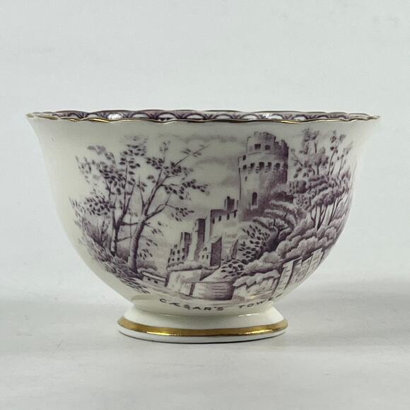 Sutherland China Tea Bowl Historical Britain Warwickshire Purple Gold Rim 1950s - Picture 3 of 13